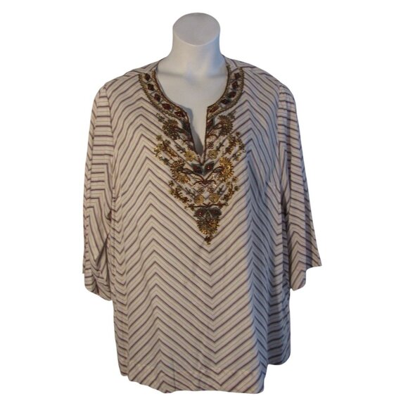 Soft Surroundings 1X Navy Pink Stripe Beaded Shirt Top Blouse - Picture 1 of 3